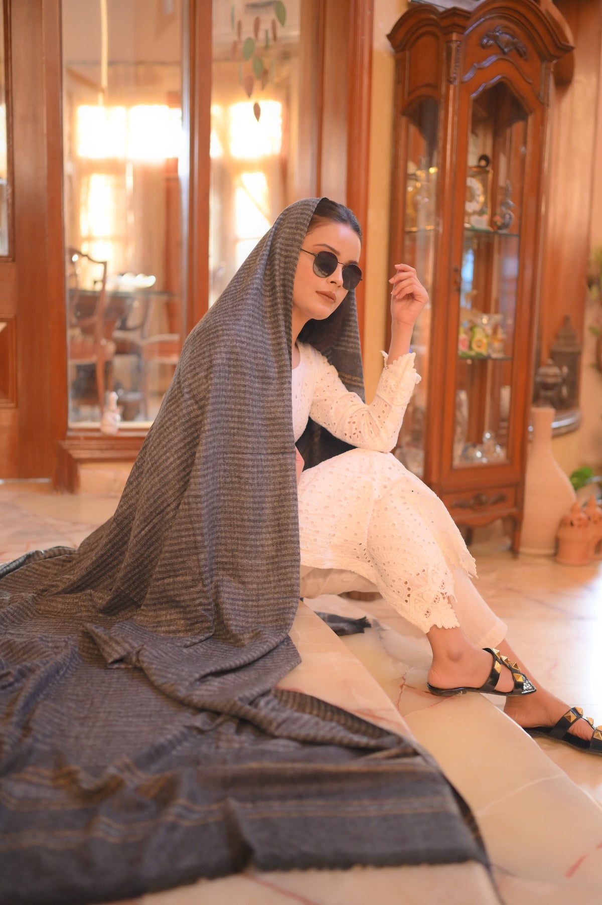 Turkish Cashmere Wool Shawl- gray with blue
