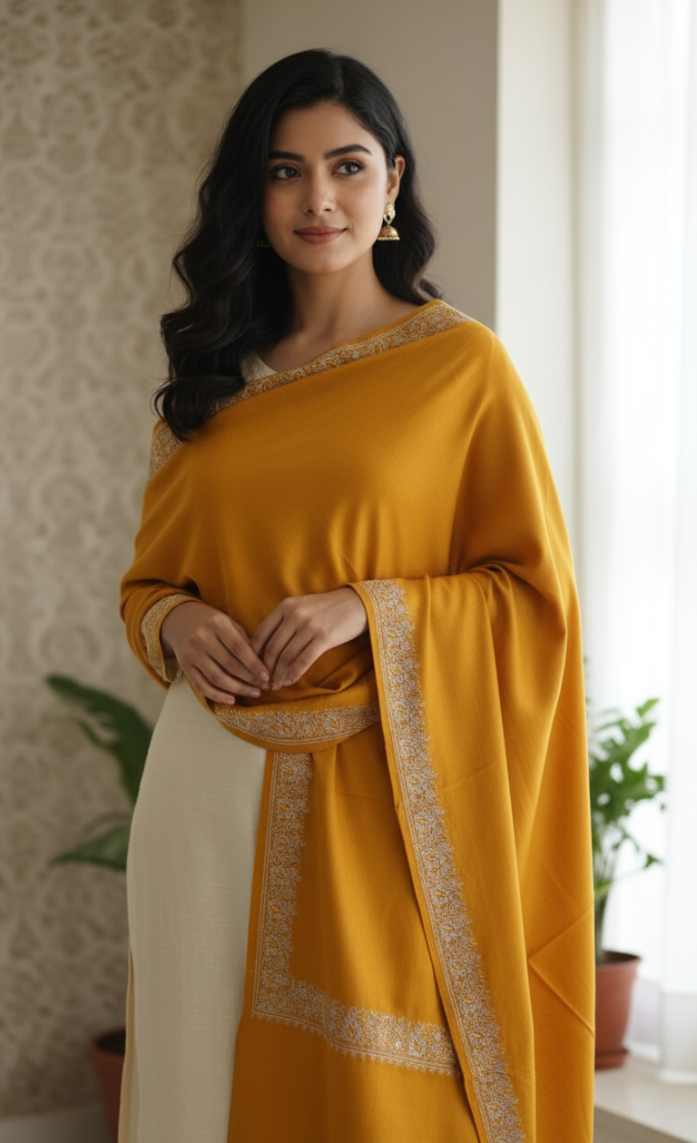 Elegant Handwoven Shawl with Delicate White Embroidery - Yellow