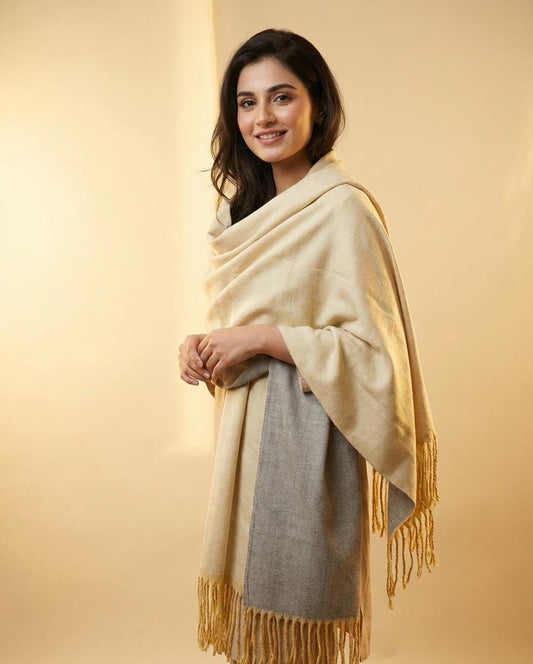 Wool Reversible Shawl : Cream / Grey