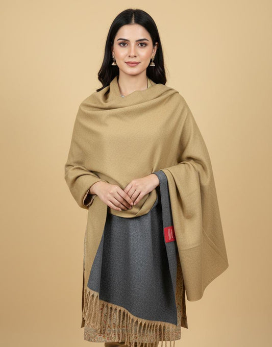 Wool Reversible Shawl : Camel / Dark Grey