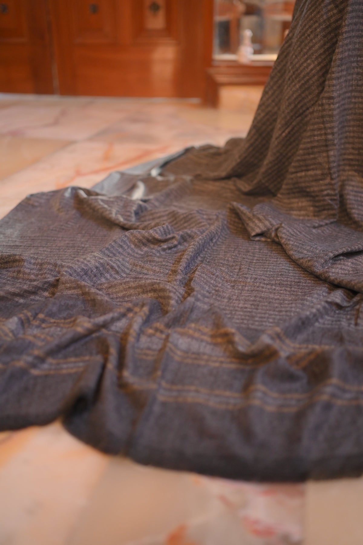 Turkish Cashmere Wool Shawl- gray with blue