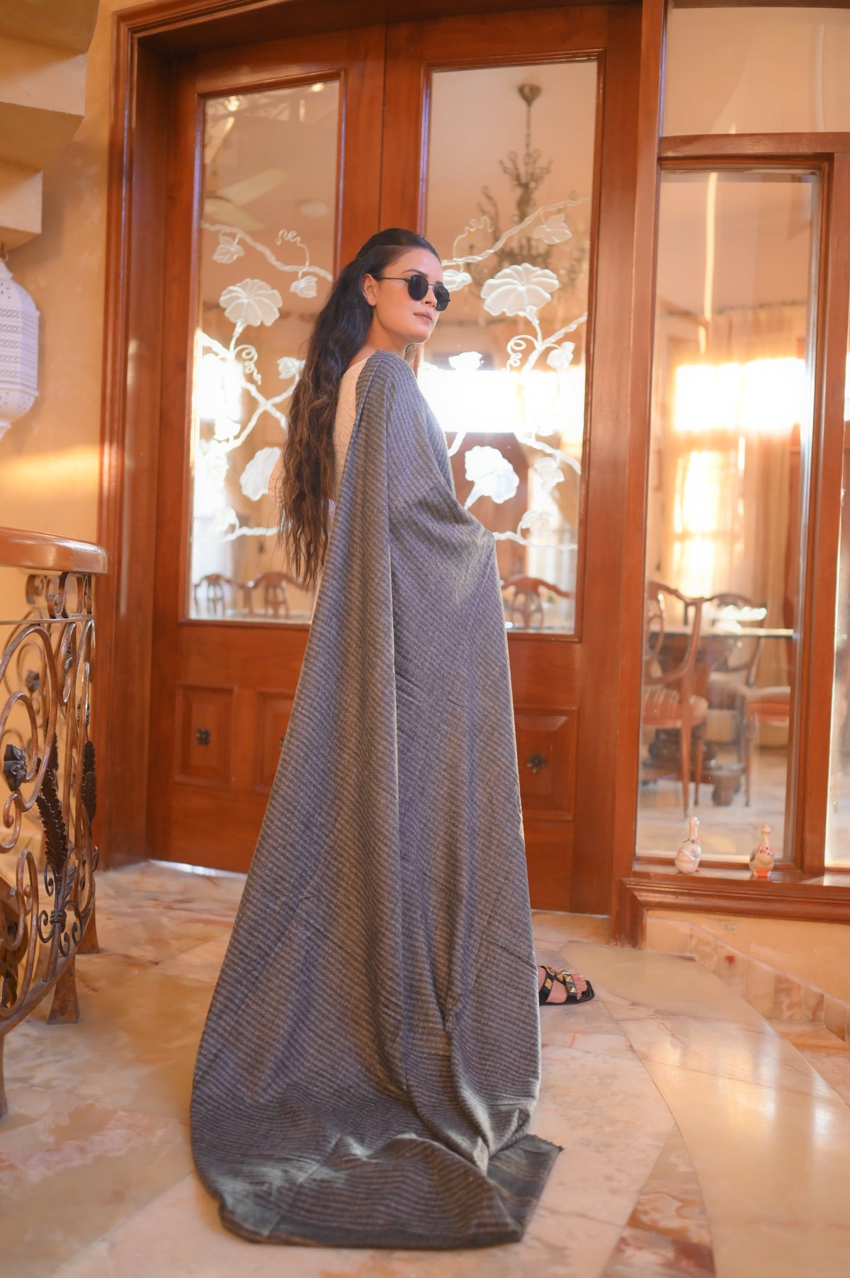 Turkish Cashmere Wool Shawl- gray with blue