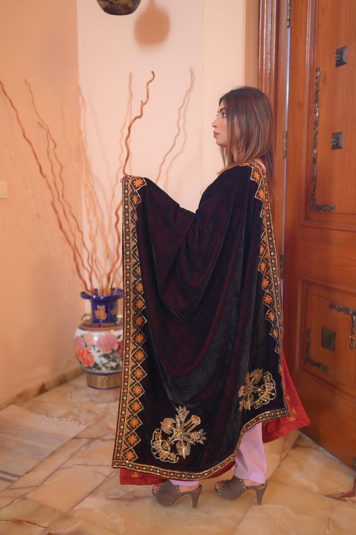Regal Noir Embroidered Velvet Shawl