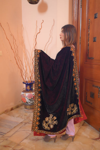 Regal Noir Embroidered Velvet Shawl