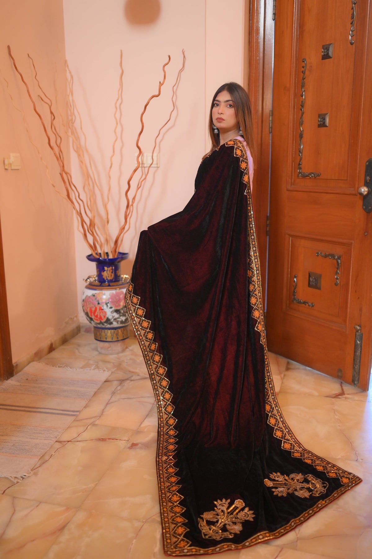 Regal Noir Embroidered Velvet Shawl