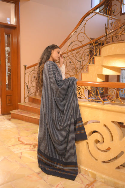 Turkish Cashmere Wool Shawl - Grey/Mustard Border