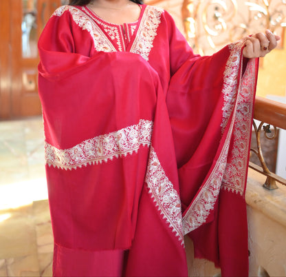 Elegant Handwoven Shawl with Delicate White Embroidery - Red