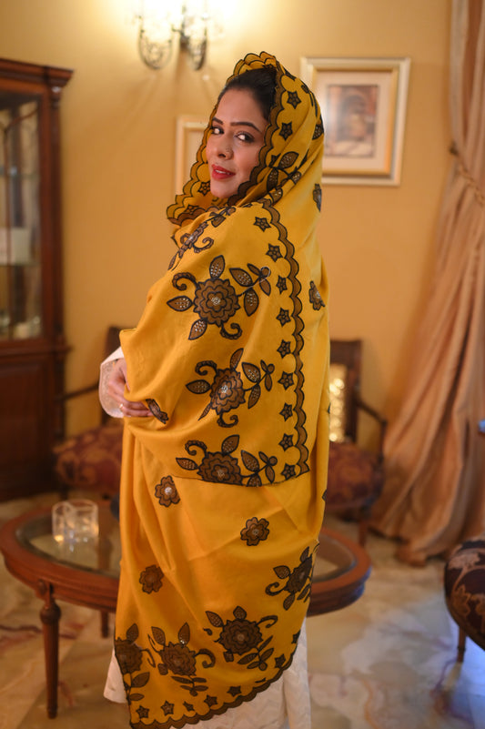 Luxurious Deep Shawl with Intricate Embroidered - Yellow