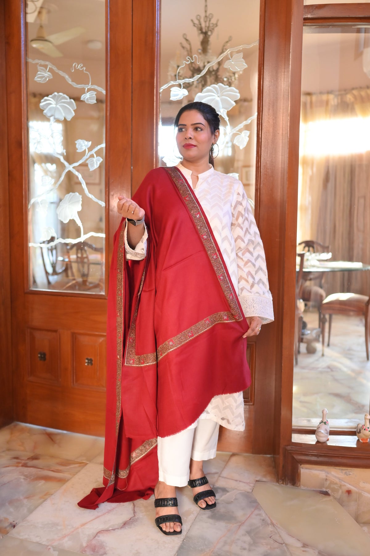 Elegant Shawl with Gota Zari Border Red
