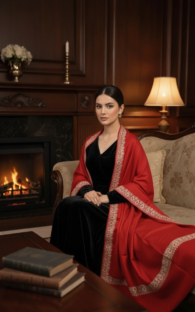 Elegant Handwoven Shawl with Delicate White Embroidery - Red