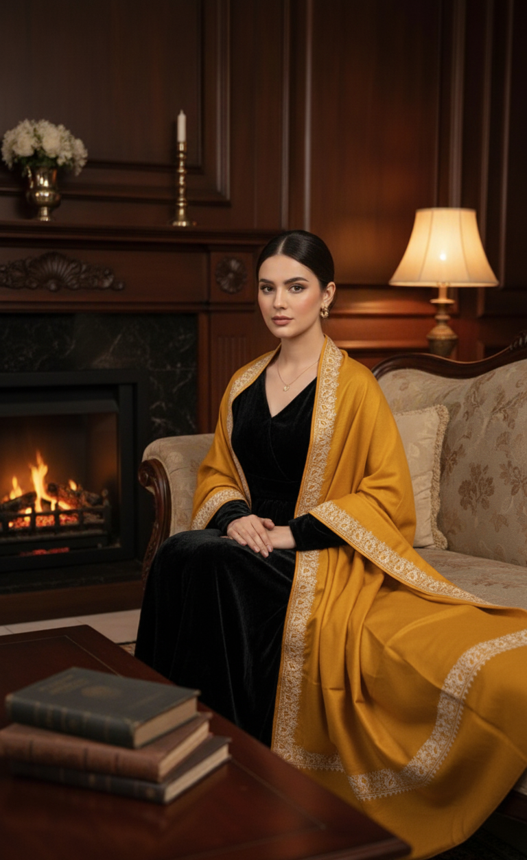 Elegant Handwoven Shawl with Delicate White Embroidery - Yellow