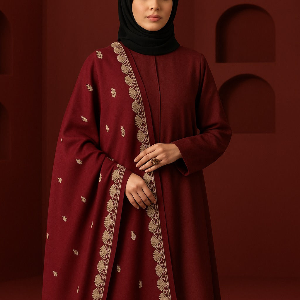 Swiss Lawn Shawl – Mahroon with Golden Embroidery