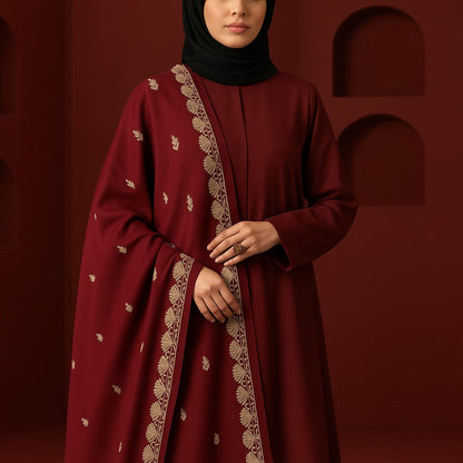 Swiss Lawn Shawl – Mahroon with Golden Embroidery